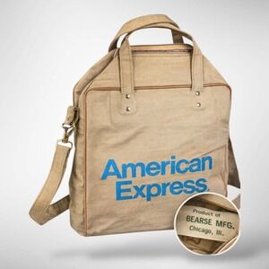 American Express Travel Service Canvas Duffle Bag Beige Blue Logo Zip Top‎